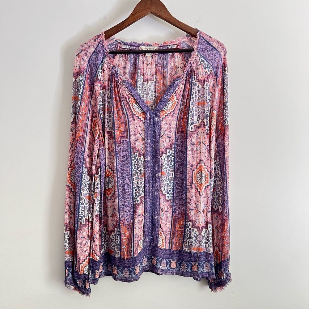 Lucky Brand Women’s Size Large Fringe Trim Blouse Tribal Aztec Purple V Neck Top